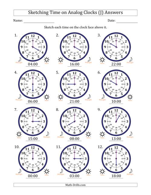 The Sketching 24 Hour Time on Analog Clocks in One Hour Intervals (12 Clocks) (J) Math Worksheet Page 2