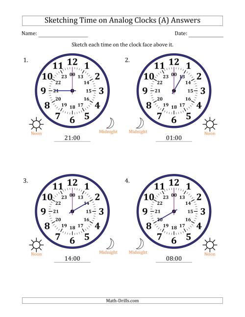 The Sketching 24 Hour Time on Analog Clocks in One Hour Intervals (4 Large Clocks) (A) Math Worksheet Page 2