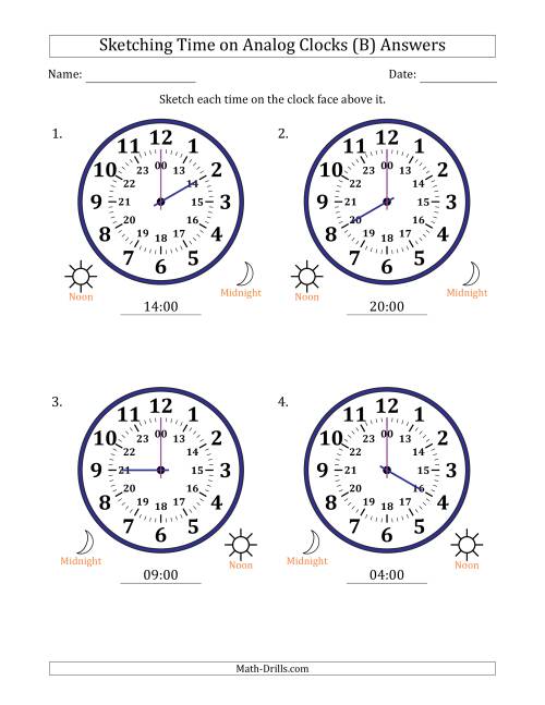 The Sketching 24 Hour Time on Analog Clocks in One Hour Intervals (4 Large Clocks) (B) Math Worksheet Page 2