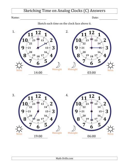 The Sketching 24 Hour Time on Analog Clocks in One Hour Intervals (4 Large Clocks) (C) Math Worksheet Page 2
