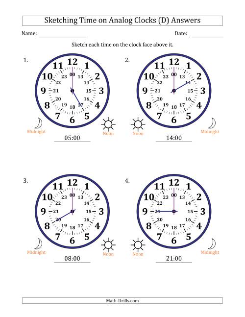 The Sketching 24 Hour Time on Analog Clocks in One Hour Intervals (4 Large Clocks) (D) Math Worksheet Page 2