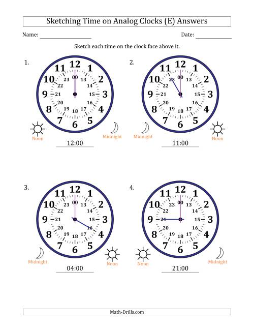The Sketching 24 Hour Time on Analog Clocks in One Hour Intervals (4 Large Clocks) (E) Math Worksheet Page 2