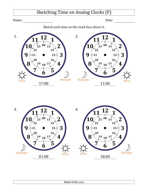 The Sketching 24 Hour Time on Analog Clocks in One Hour Intervals (4 Large Clocks) (F) Math Worksheet