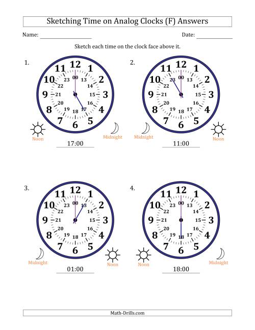 The Sketching 24 Hour Time on Analog Clocks in One Hour Intervals (4 Large Clocks) (F) Math Worksheet Page 2