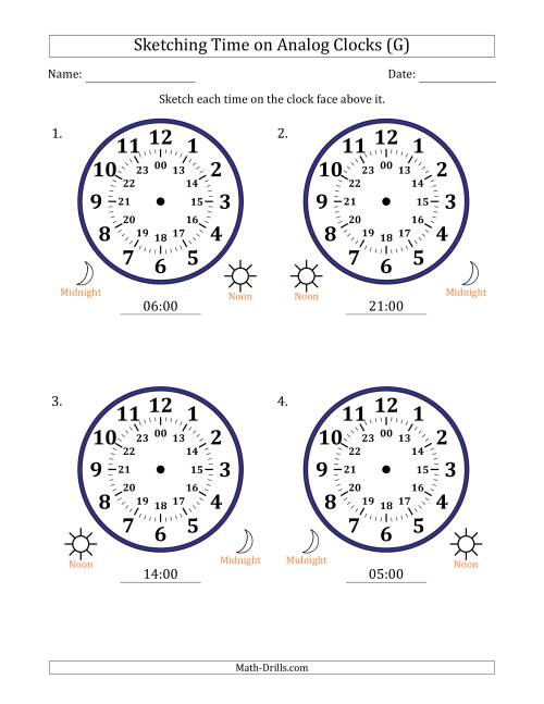 The Sketching 24 Hour Time on Analog Clocks in One Hour Intervals (4 Large Clocks) (G) Math Worksheet