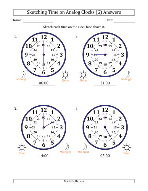 The Sketching 24 Hour Time on Analog Clocks in One Hour Intervals (4 Large Clocks) (G) Math Worksheet Page 2