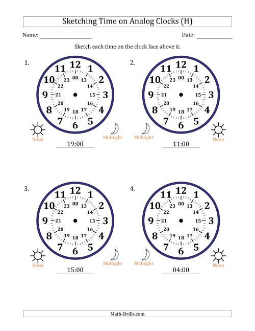 The Sketching 24 Hour Time on Analog Clocks in One Hour Intervals (4 Large Clocks) (H) Math Worksheet