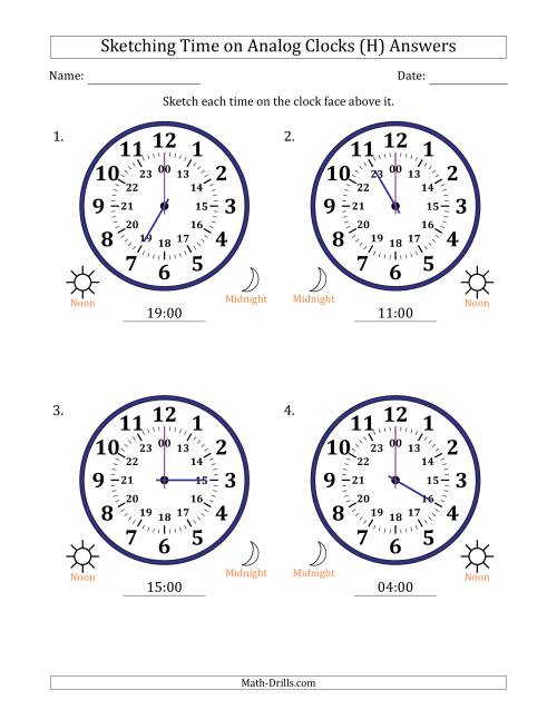 The Sketching 24 Hour Time on Analog Clocks in One Hour Intervals (4 Large Clocks) (H) Math Worksheet Page 2