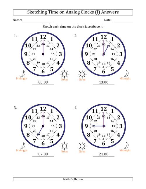 The Sketching 24 Hour Time on Analog Clocks in One Hour Intervals (4 Large Clocks) (I) Math Worksheet Page 2