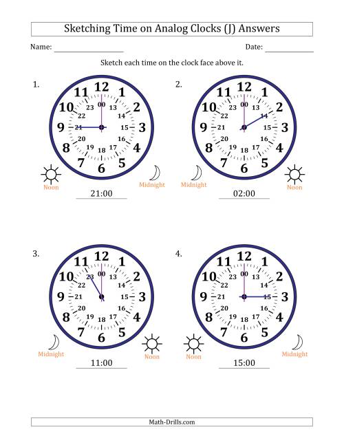 The Sketching 24 Hour Time on Analog Clocks in One Hour Intervals (4 Large Clocks) (J) Math Worksheet Page 2