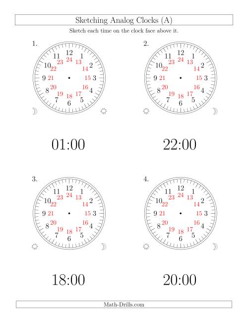 The Sketching Time on 24 Hour Analog Clocks in One Hour Intervals (Large Clocks) (Old) Math Worksheet