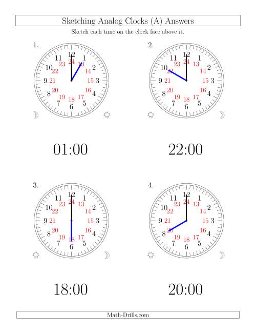The Sketching Time on 24 Hour Analog Clocks in One Hour Intervals (Large Clocks) (Old) Math Worksheet Page 2