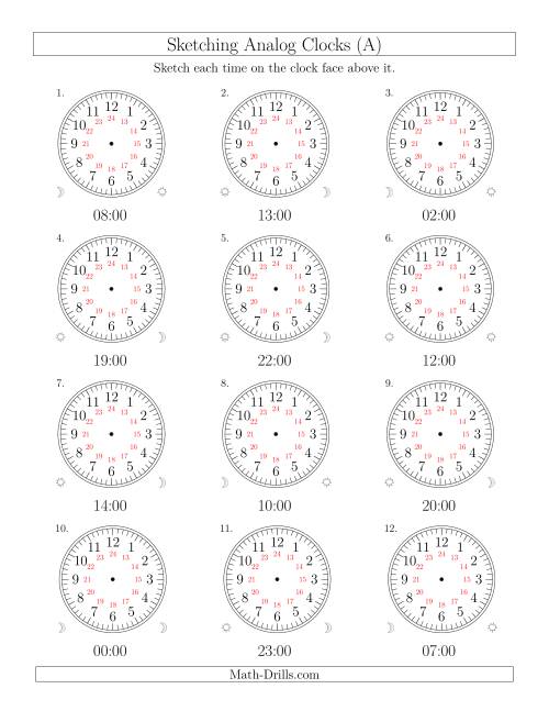 The Sketching Time on 24 Hour Analog Clocks in One Hour Intervals (Old) Math Worksheet