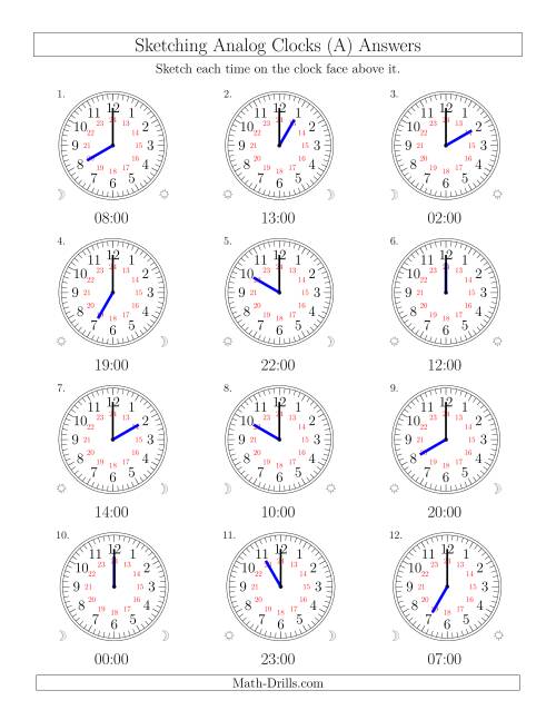 The Sketching Time on 24 Hour Analog Clocks in One Hour Intervals (Old) Math Worksheet Page 2