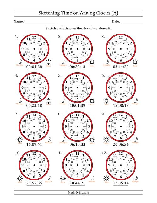 The Sketching 24 Hour Time on Analog Clocks in 1 Second Intervals (12 Clocks) (A) Math Worksheet