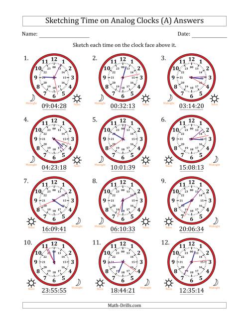 The Sketching 24 Hour Time on Analog Clocks in 1 Second Intervals (12 Clocks) (A) Math Worksheet Page 2