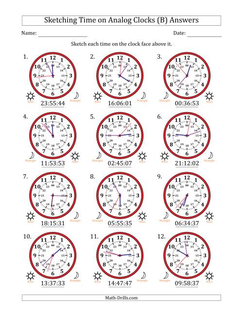 The Sketching 24 Hour Time on Analog Clocks in 1 Second Intervals (12 Clocks) (B) Math Worksheet Page 2