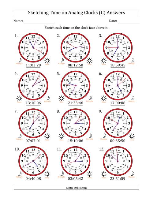 The Sketching 24 Hour Time on Analog Clocks in 1 Second Intervals (12 Clocks) (C) Math Worksheet Page 2