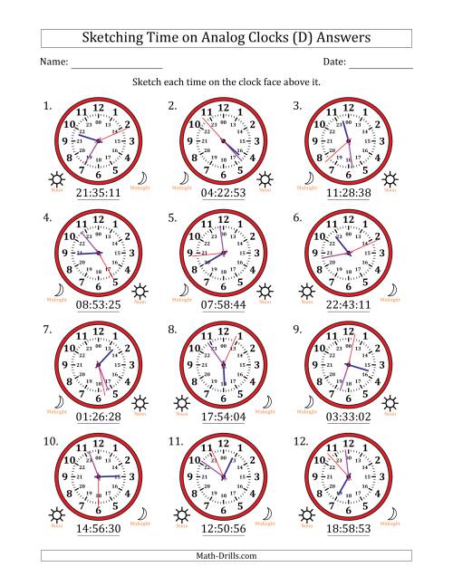 The Sketching 24 Hour Time on Analog Clocks in 1 Second Intervals (12 Clocks) (D) Math Worksheet Page 2