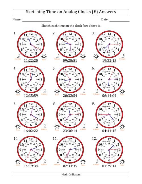 The Sketching 24 Hour Time on Analog Clocks in 1 Second Intervals (12 Clocks) (E) Math Worksheet Page 2