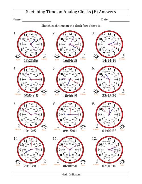 The Sketching 24 Hour Time on Analog Clocks in 1 Second Intervals (12 Clocks) (F) Math Worksheet Page 2