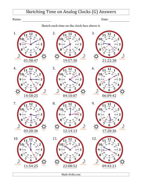 The Sketching 24 Hour Time on Analog Clocks in 1 Second Intervals (12 Clocks) (G) Math Worksheet Page 2