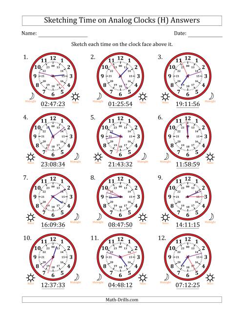 The Sketching 24 Hour Time on Analog Clocks in 1 Second Intervals (12 Clocks) (H) Math Worksheet Page 2
