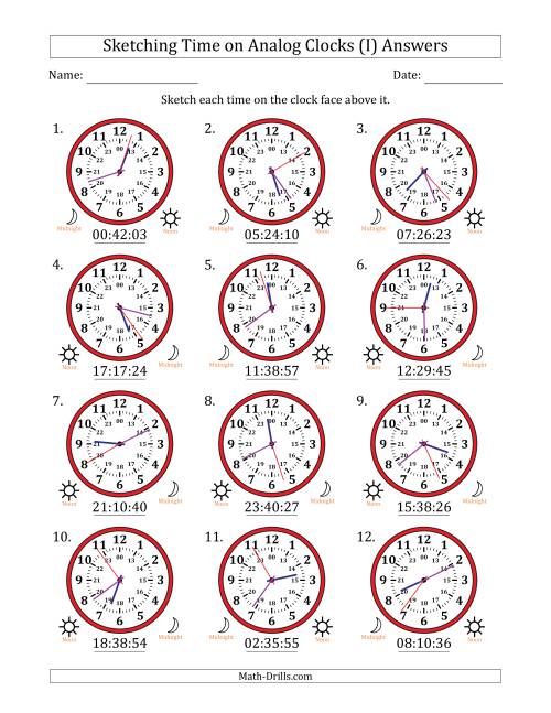 The Sketching 24 Hour Time on Analog Clocks in 1 Second Intervals (12 Clocks) (I) Math Worksheet Page 2