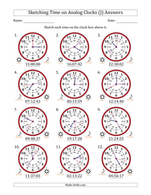 The Sketching 24 Hour Time on Analog Clocks in 1 Second Intervals (12 Clocks) (J) Math Worksheet Page 2