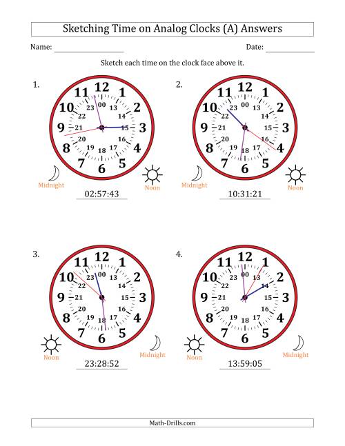 The Sketching 24 Hour Time on Analog Clocks in 1 Second Intervals (4 Large Clocks) (A) Math Worksheet Page 2