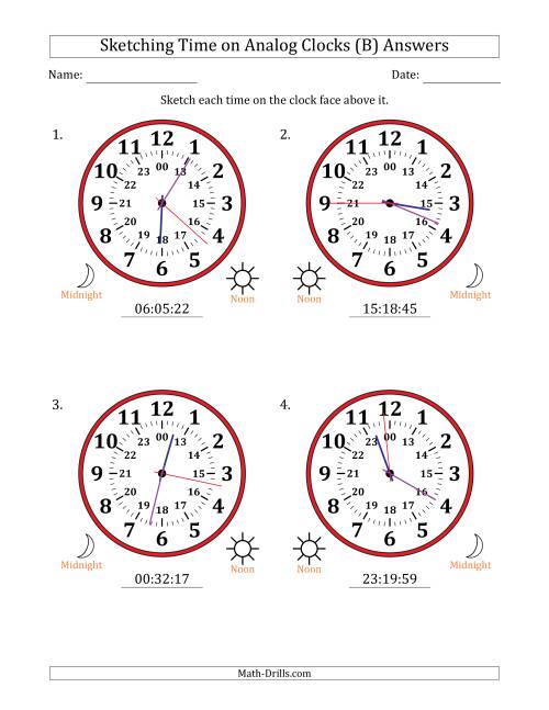 The Sketching 24 Hour Time on Analog Clocks in 1 Second Intervals (4 Large Clocks) (B) Math Worksheet Page 2