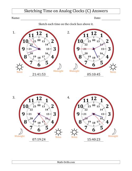 The Sketching 24 Hour Time on Analog Clocks in 1 Second Intervals (4 Large Clocks) (C) Math Worksheet Page 2