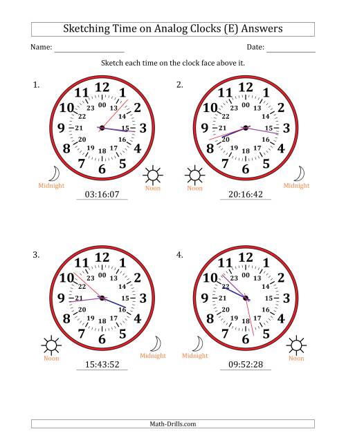 The Sketching 24 Hour Time on Analog Clocks in 1 Second Intervals (4 Large Clocks) (E) Math Worksheet Page 2