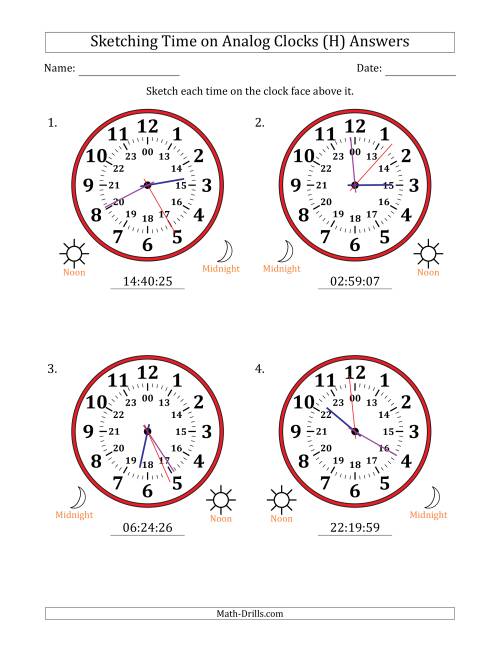 The Sketching 24 Hour Time on Analog Clocks in 1 Second Intervals (4 Large Clocks) (H) Math Worksheet Page 2