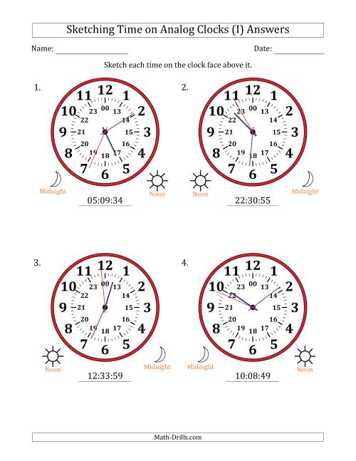 The Sketching 24 Hour Time on Analog Clocks in 1 Second Intervals (4 Large Clocks) (I) Math Worksheet Page 2