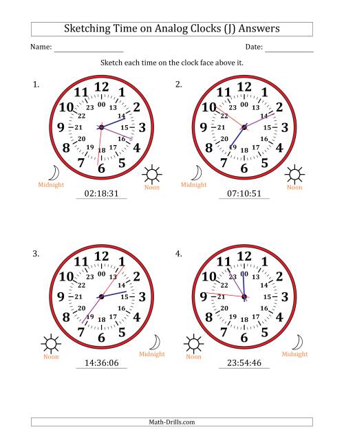 The Sketching 24 Hour Time on Analog Clocks in 1 Second Intervals (4 Large Clocks) (J) Math Worksheet Page 2