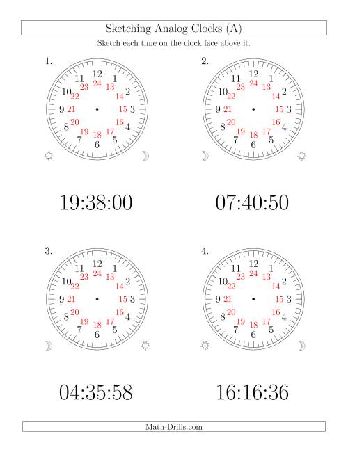 The Sketching Time on 24 Hour Analog Clocks in 1 Second Intervals (Large Clocks) (Old) Math Worksheet