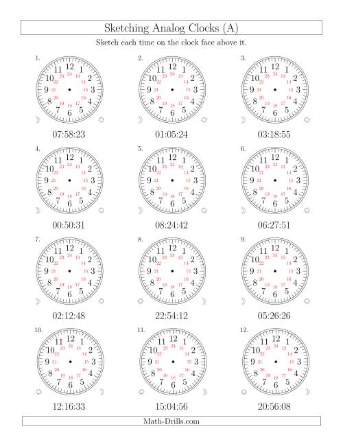 The Sketching Time on 24 Hour Analog Clocks in 1 Second Intervals (Old) Math Worksheet