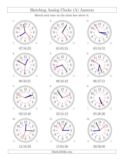 The Sketching Time on 24 Hour Analog Clocks in 1 Second Intervals (Old) Math Worksheet Page 2