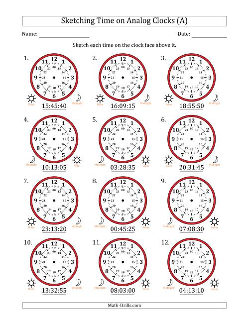 The Sketching 24 Hour Time on Analog Clocks in 5 Second Intervals (12 Clocks) (A) Math Worksheet