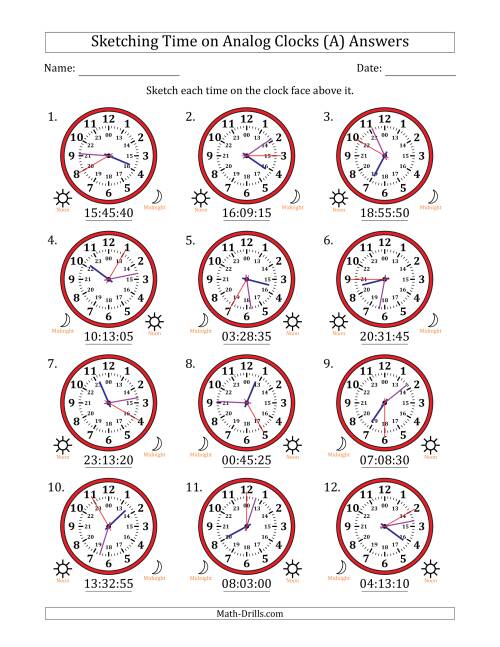The Sketching 24 Hour Time on Analog Clocks in 5 Second Intervals (12 Clocks) (A) Math Worksheet Page 2