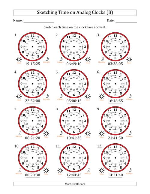 The Sketching 24 Hour Time on Analog Clocks in 5 Second Intervals (12 Clocks) (B) Math Worksheet