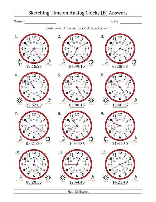 The Sketching 24 Hour Time on Analog Clocks in 5 Second Intervals (12 Clocks) (B) Math Worksheet Page 2