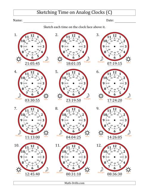 The Sketching 24 Hour Time on Analog Clocks in 5 Second Intervals (12 Clocks) (C) Math Worksheet