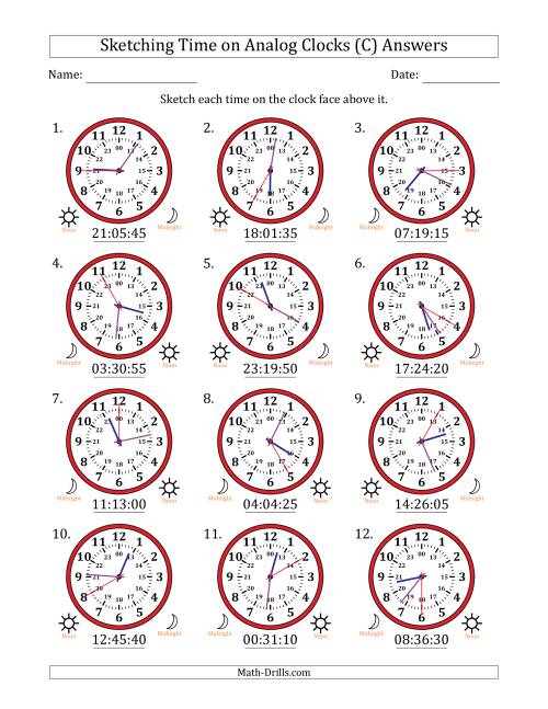 The Sketching 24 Hour Time on Analog Clocks in 5 Second Intervals (12 Clocks) (C) Math Worksheet Page 2