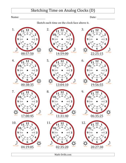 The Sketching 24 Hour Time on Analog Clocks in 5 Second Intervals (12 Clocks) (D) Math Worksheet