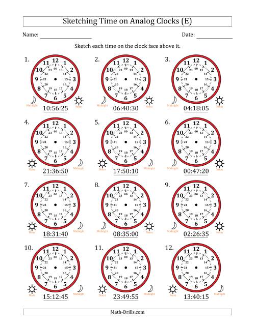 The Sketching 24 Hour Time on Analog Clocks in 5 Second Intervals (12 Clocks) (E) Math Worksheet