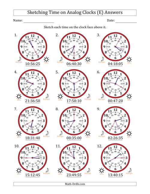 The Sketching 24 Hour Time on Analog Clocks in 5 Second Intervals (12 Clocks) (E) Math Worksheet Page 2