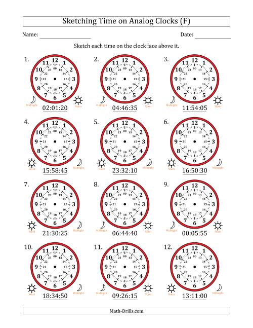 The Sketching 24 Hour Time on Analog Clocks in 5 Second Intervals (12 Clocks) (F) Math Worksheet