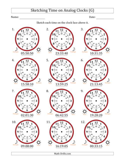 The Sketching 24 Hour Time on Analog Clocks in 5 Second Intervals (12 Clocks) (G) Math Worksheet